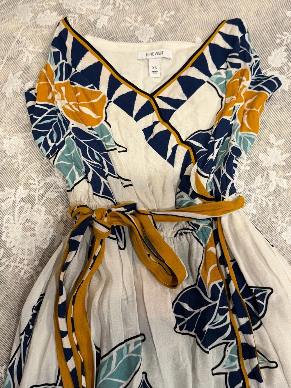 Nine West White Maxi Dress with Navy, Mustard & Teal Leaf Print - Picture 2 of 3